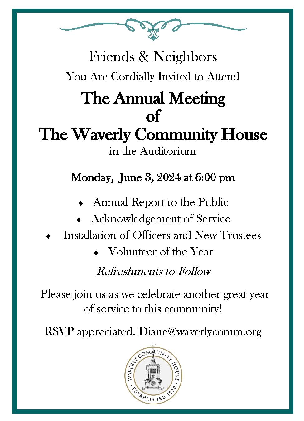 ANNUAL MEETING OF THE WAVERLY COMMUNITY HOUSE